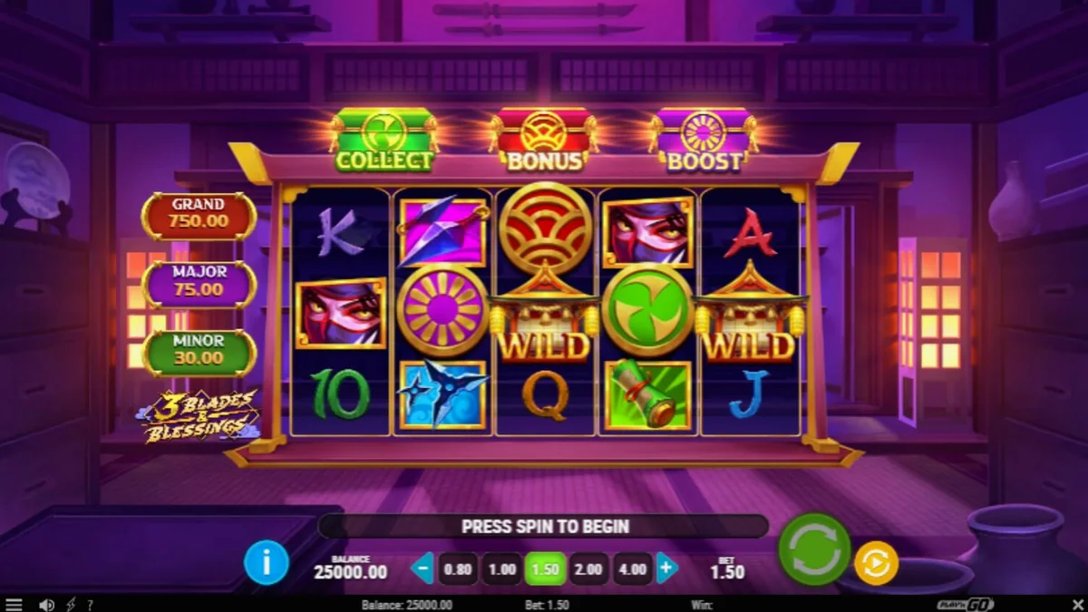 Tampilan visual slot 3 Blades & Blessing dengan tema ninja dan Jepang feodal.